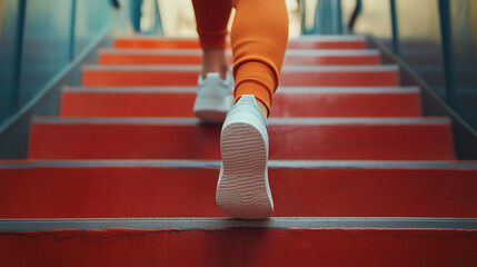 Fototapeta premium young woman confidently walks up a set of stairs in a casual yet sporty outfit, symbolizing progress, determination, and growth on a personal or professional journey