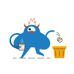 Character with a cup of coffee throws a piece of paper into the trash