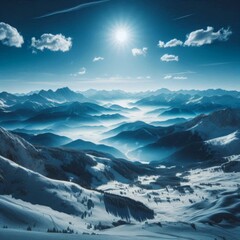 Vast snowy mountain landscape under a crisp, clear blue sky on a bright winter day