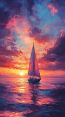Sailboat at Sunset Over Vibrant Ocean Waves