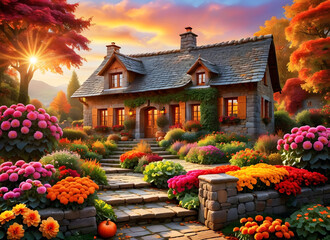 Obraz premium An image of a magical autumn landscape. An old house is surrounded by bright autumn flowers and vegetables. The house is built of stone with a tiled roof, and dahlias and pumpkins grow around it.