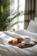 A cozy morning in a hotel with a tray of breakfast treats on a fuzzy bed background
