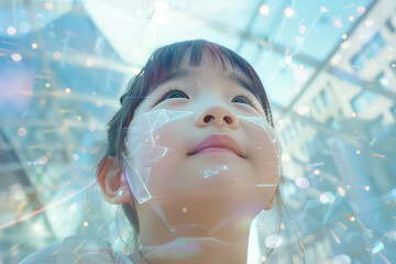 Young Asian Girl Gazing at Futuristic Graphics