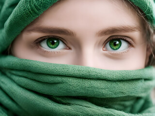 close up of green eyes of a girl with face wrapped in a green scarf
