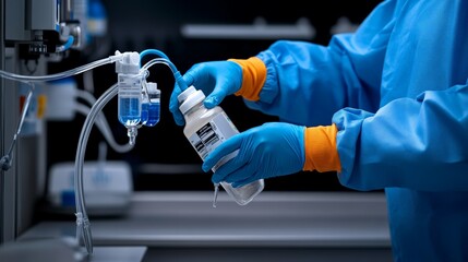 Precision in the Lab: A scientist in sterile blue scrubs carefully handles a vial of liquid within a high-tech laboratory.