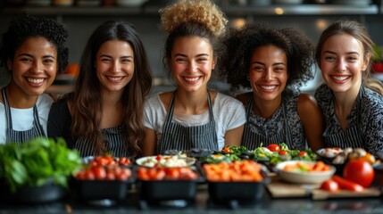 Group of women smiling with fresh vegetables in a kitchen setting.