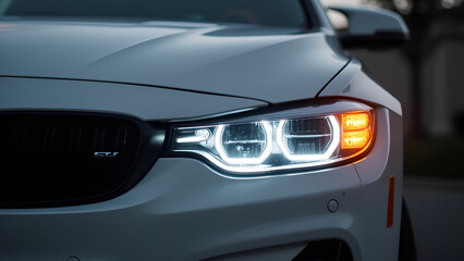 Naklejka premium the headlights of a white car with the grill lights turned on