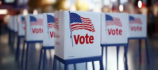 Ballot boxes with U.S. flags and voting signs on the blurry background of the voting hall