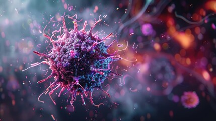 Fototapeta premium Abstract 3D Visualization of Virus Particle with Complex Geometric Shapes and Vibrant Colors in Dark Swirling Void