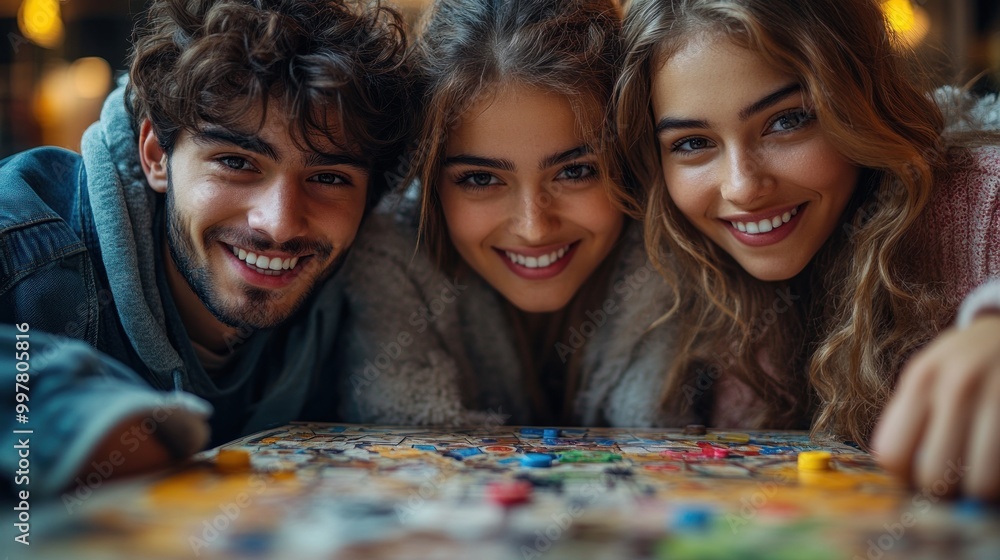 Poster three friends smiling while working on a colorful puzzle together.