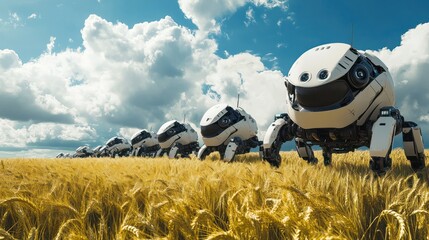 A fleet of sleek, futuristic autonomous robots monitors a lush wheat field against a backdrop of puffy clouds in a blue sky.