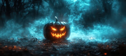 Fototapeta premium Halloween pumpkin in the background with a fuzzy Enchanted Forest