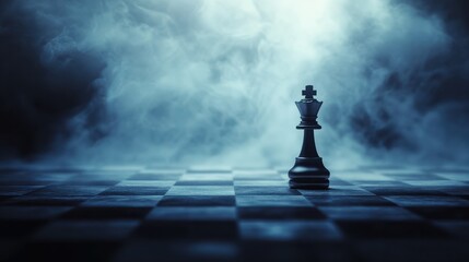 Naklejka premium a lonely chess piece on a chessboard in disturbing lighting and fog, concept strategy decision-making leadership
