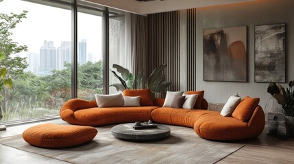 Cozy modern living room with orange sofa and city view.