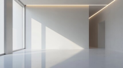 Fototapeta premium Modern Minimalist Interior with White Walls, a Large Window, and a Polished Floor