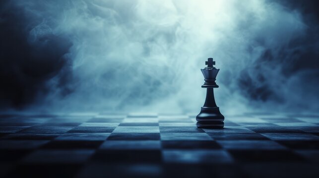 a lonely chess piece on a chessboard in disturbing lighting and fog, concept strategy decision-making leadership