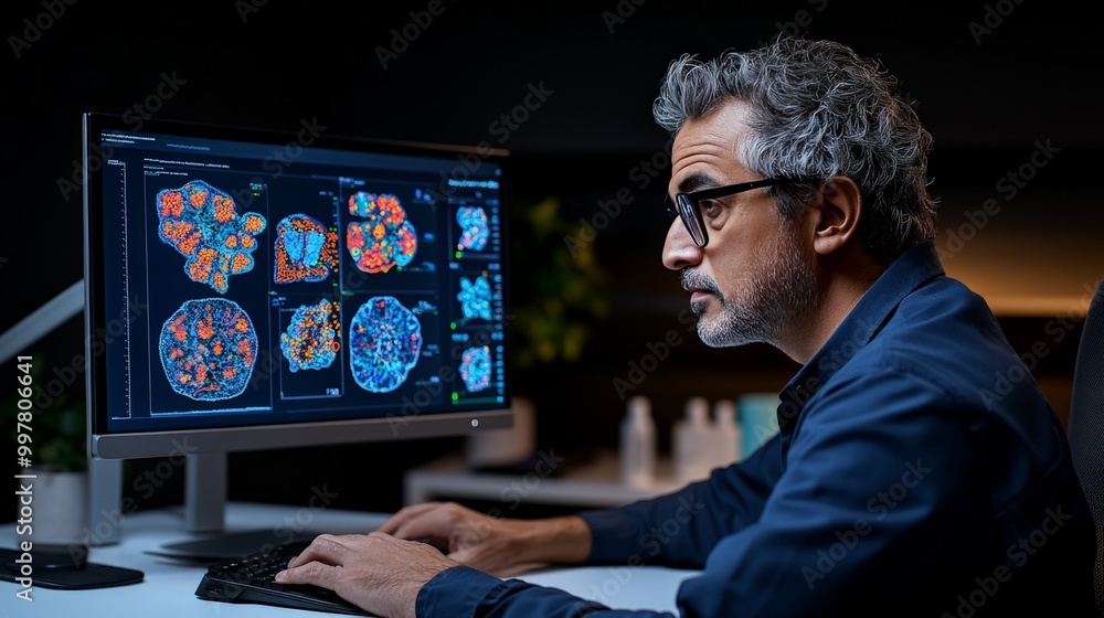 Poster focused on breakthrough: a seasoned scientist meticulously analyzes data on a computer screen, his i