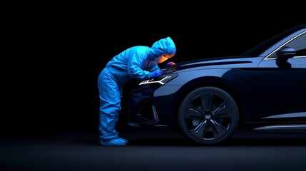 Mechanic Inspecting Luxury Car: A mechanic in a protective suit meticulously examines a sleek, dark blue luxury car against a dramatic black background. This image evokes a sense of precision.