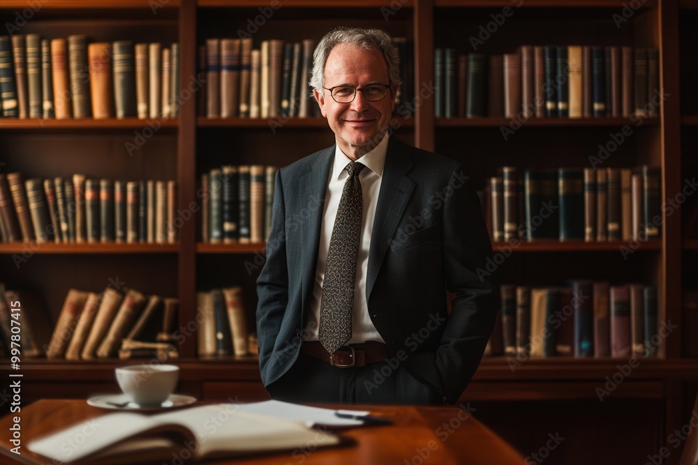 Poster a professor exudes confidence in a suit while standing by an extensive bookshelf filled with academi