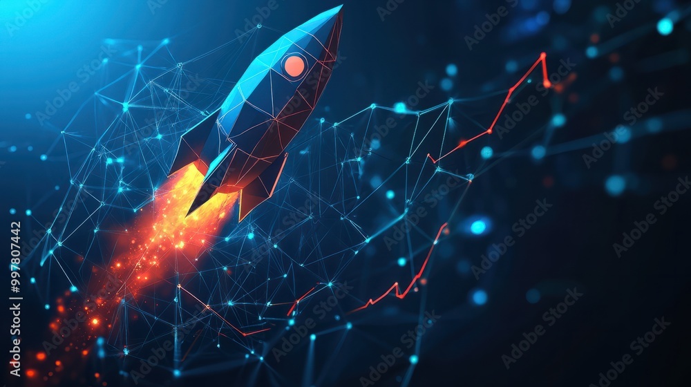 Poster abstract growth graph chart with launch rocket on technology blue background. startup and success bu