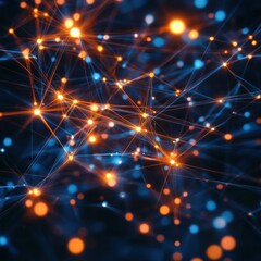 Fototapeta premium Abstract visualization of a network of glowing orange and blue nodes connected by lines, representing social media and digital communication. Concept of networking, connectivity, and data exchange.