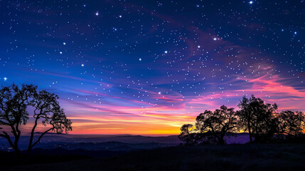 Naklejka premium Twilight with colorful sky background. Stunning Starry Night Sky Over Scenic Sunset Landscape. Beautiful starry night sky above a tranquil landscape with vivid colors from the sunset and silhouetted