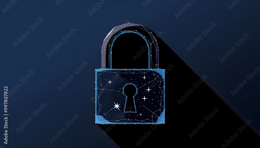 Poster abstract closed lock without key on dark blue background. protect or security symbol composed of pol