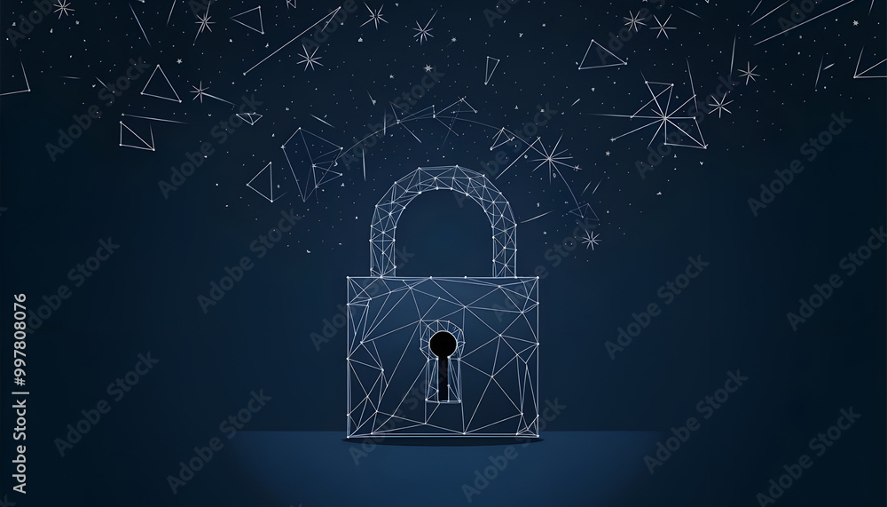 Poster abstract closed lock without key on dark blue background. protect or security symbol composed of pol