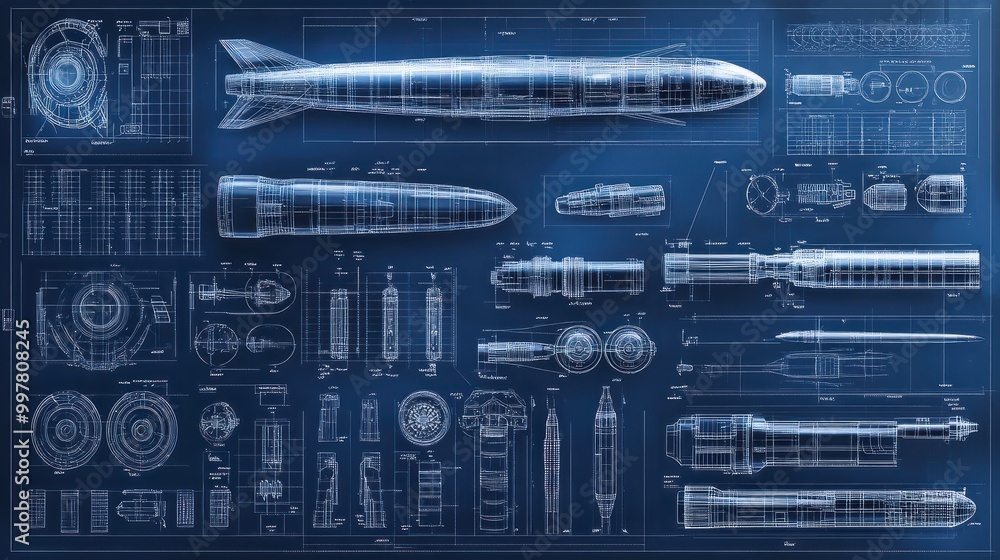 Poster an array of aeronautical components showcased in an engineering blueprint