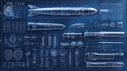 An array of aeronautical components showcased in an engineering blueprint