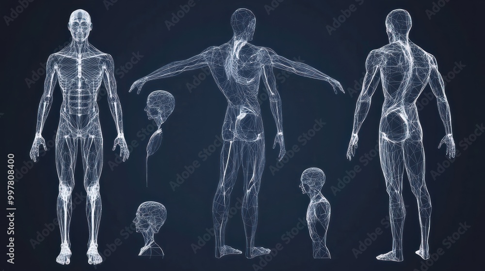 Poster an entire set of polygonal wireframe blueprints showing the human body in 3d.