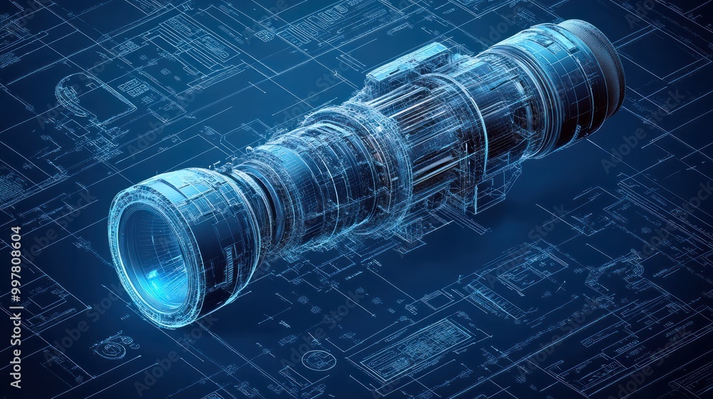 Poster an industrial blue print for an hud using an engine 3d isometric. the blueprint includes modern inte