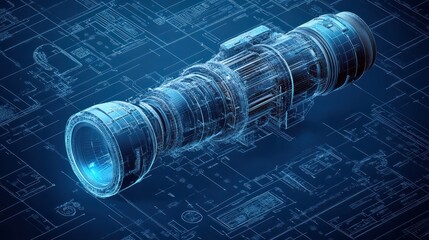 An industrial blue print for an HUD using an engine 3D isometric. The blueprint includes modern interface elements ( dashboards, a scanning jet engine and mechanism).