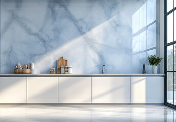  A close-up of the wall in an empty kitchen, with light gray walls and concrete textures. The sunlight shines through the window onto the countertop. Created with Ai