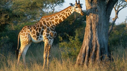 Obraz premium A giraffe in the wild, standing beside a tall tree, its elegant neck stretching upwards as it grazes peacefully.