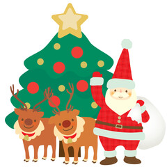 Fototapeta premium クリスマスツリーの前で微笑むサンタクロースとトナカイのベクターイラスト
