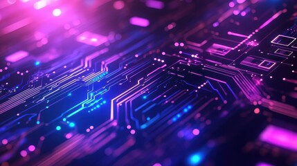 Close-up of a Circuit Board with Pink and Blue Glowing Lines