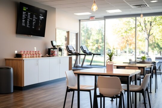 A break room transformed into a fitness hub, complete with exercise equipment like resistance bands and weights. Generative AI