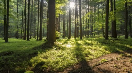 Obraz premium Sunlight Filtering Through a Dense Forest