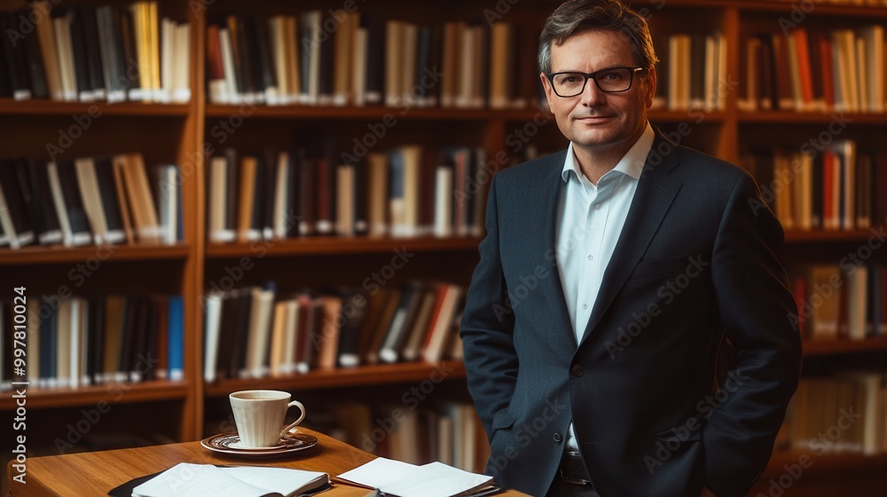 Aufkleber the professor poses in front of a bookshelf, exuding confidence as they prepare notes for an upcomin