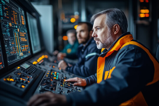 Engineering team working in the control room with high-tech displays.