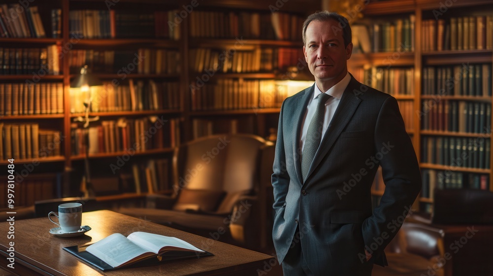 Leinwandbilder a distinguished professor poses in a suit, confidently standing in front of an extensive bookshelf f