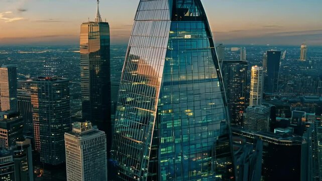 Cinematic aerial footage captures dramatic licopter view skyscrapers bustling business district tiltshift lens effects focusing office buildings illuminated night presented stunning 4K
