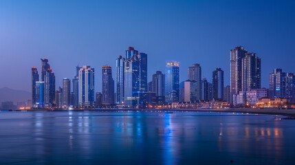 Fototapeta premium Seaside City Nightscape Under the Sunset