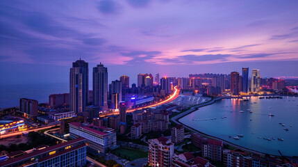 Seaside City Nightscape Under the Sunset
