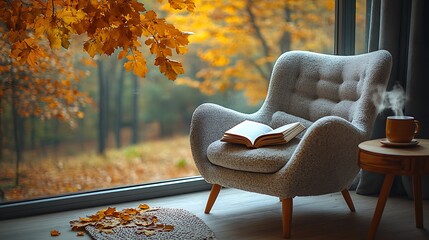 Fototapeta premium A cozy armchair by a wide window, an open book on the seat and a steaming tea cup on the side table, with golden autumn leaves gently drifting from a tree outside.