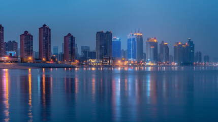 Fototapeta premium Seaside City Nightscape Under the Sunset