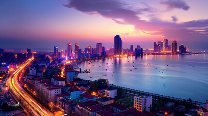 Seaside City Nightscape Under the Sunset