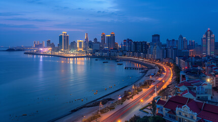 Naklejka premium Seaside City Nightscape Under the Sunset