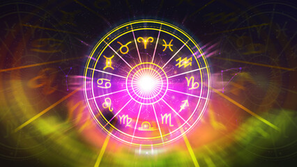 Concept of astrology and horoscope, person inside a zodiac sign wheel, Astrological zodiac signs inside of horoscope circle, Astrology, knowledge of stars in the sky, power of universe concept.
